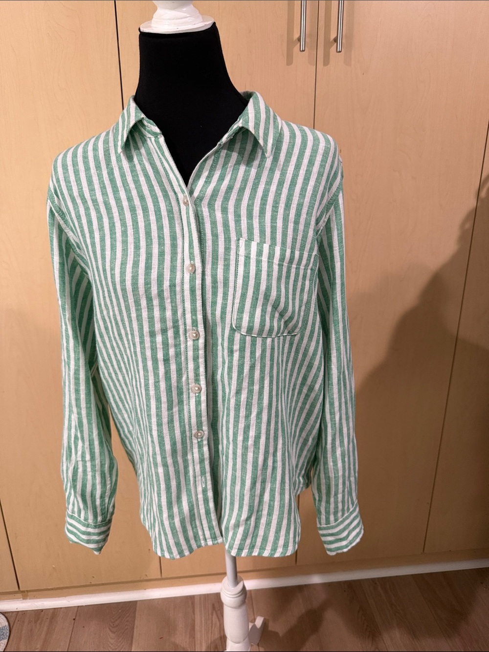Universal Thread Green and White Vertical Stripe Button-Down Shirt